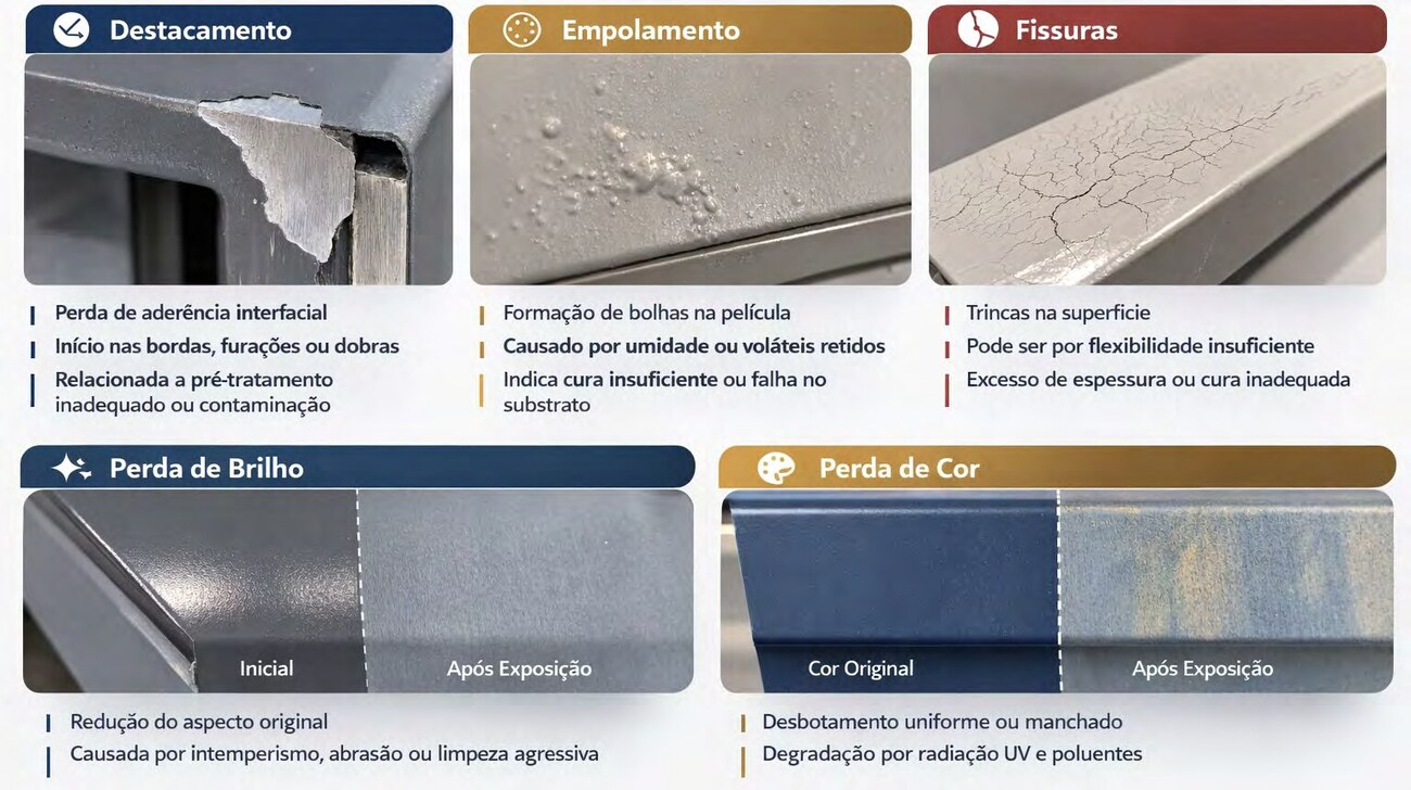 Figura 1 — Defeitos típicos em revestimentos orgânicos sobre alumínio